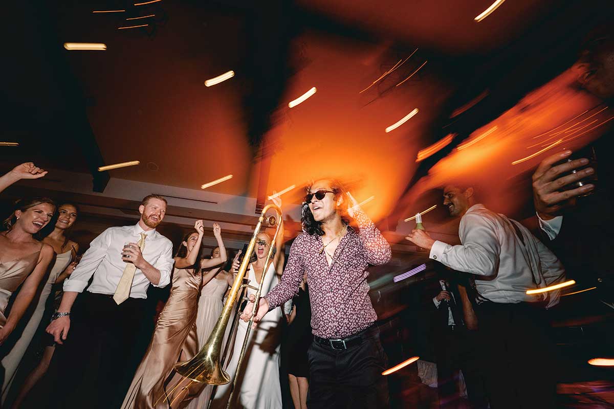 Trumpet player of Brett Foreman Band entertaining guests at a wedding reception